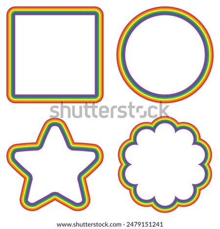 Rainbow pride frame set with square, round, star and flower frames. LGBT flag symbols. Template border. Vector illustration.