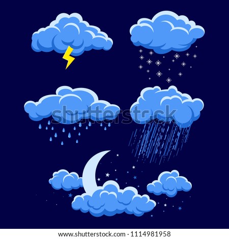 Set of cartoon clouds on dark blue night sky. illustration of different weather. rain, storm, lightning, snow, moon light sky with stars. Clouds vector collection. Cloudscape in dark blue sky