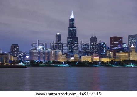 Chicago lakeshore skyline by night with colorful illumination