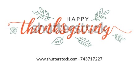 Happy Thanksgiving Calligraphy Text with Illustrated Green Leaves Over White Background, Vector Typography