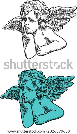little angel cupid vector retro style engraving black and white line