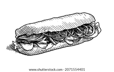 Sub Sandwich with sausage, cheese, lettuce and tomato. Isolated engraving food. Vector silhouettes hand drawing