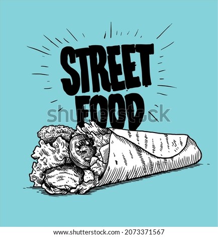 street food. sandwich, fast food, burrito, shawarma, gyros, pita bread, kebab, doner. Hand drawing sketches vector engraving handdraw