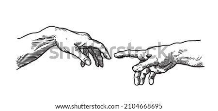 god hand.  Vector black vintage engraving illustration isolated on a white background. Section fresco The Creation of Adam. michelangelo painting