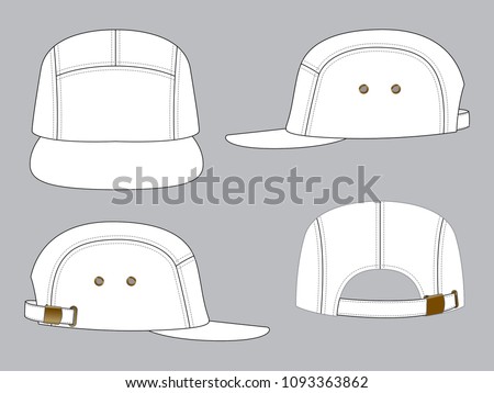 Blank White 5 Panels Baseball Cap With Eyelets and Adjustable Brass Metal Slide Buckle Strap Template On Gray Background, Vector File