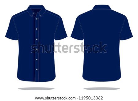 Navy Blue Short Sleeve Uniform Shirt Template Vector On White Background. Front And Back View.