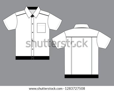 Short Sleeves Technician Shirt White-Black Design With Black Piping Line Vector.Front and Back View.