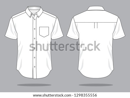 Blank White Short Sleeve Shirt With One Pocket Template On Gray Background. Front and Back View, Vector File.