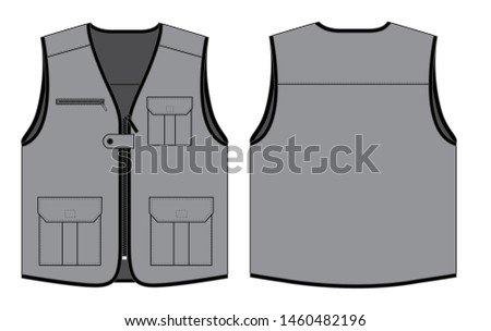 Gray Vest With Multiple Pockets and Black Edging Design on White Background.Front and Back View, Vector File