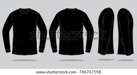 Blank Black Long Sleeve T-shirt Template on Gray Background. Front, Back, and Side Views, Vector File.