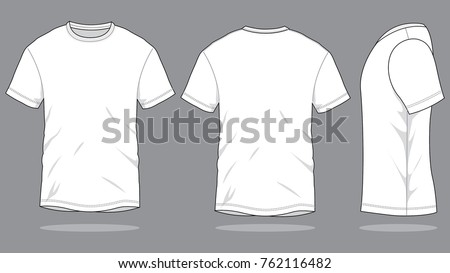 Blank White Short Sleeve T-Shirt Template on Gray Background. Front, Back and Side View, Vector File.