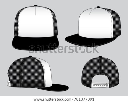 White-black hip hop cap with mesh at side and back panels, adjustable snap back closure strap design on gray background, vector file.