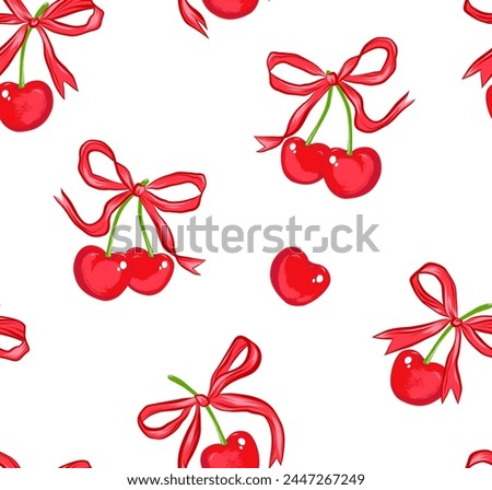 
Bright summer trendy print. Seamless vector pattern. Composition of cherries and satin ribbon bows. Drawing for clothing, home textiles, packaging, etc.