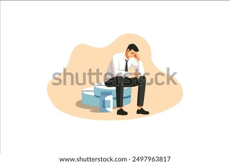 Depressed man sitting on Big Pill, leaning on his hands, having financial troubles during quarantine or suffering from loneliness, vector, illustration