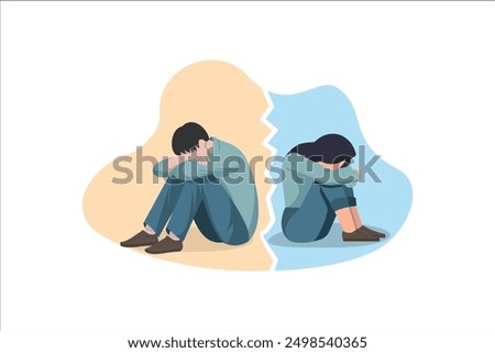 Problems in couple relations concept. Young sad depressed couple sitting back to back crying feeling lonely having bad relationships splitting up vector illustration