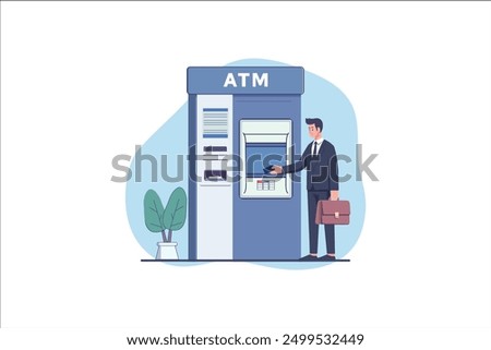 Man customer using credit card in atm machine and withdraw money. Flat style vector illustration isolated on white background