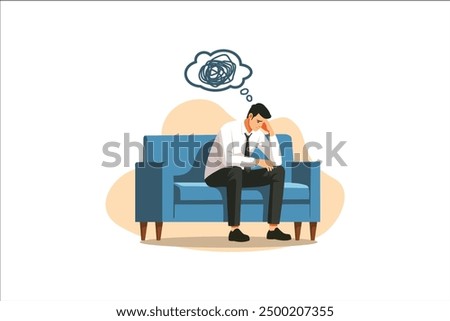 Male sitting on chair overthinking, stressful, worried, headache, suffering, confused concept. Unemployment. Vector illustration.