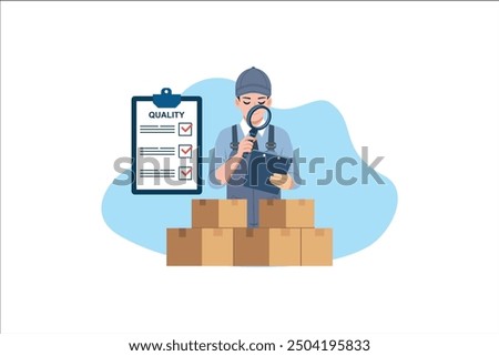 Product quality control concept, people check product quality with established standards. inspection or testing procedures that focus on meeting requirements. Modern flat vector illustration.