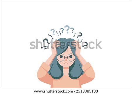 Confused woman scratching her head with question mark in flat design on white background. vector illustration.