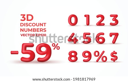 3D Red Discount numbers 0, 1, 2, 3, 4, 5, 6, 7, 8, 9, percent and dollar vector illustration