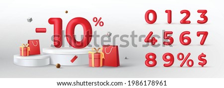 3D Red Discount numbers on podium with shopping bag and gift box vector. Price off tag design collection. 0, 1, 2, 3, 4, 5, 6, 7, 8, 9, percent and dollar illustration. Stockfoto © 