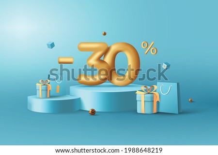 30% Off. 3D Gold Discount numbers on podium with shopping bag and gift box vector. Price off tag design on blue background vector illustration ストックフォト © 