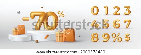 3D Gold Discount numbers on podium with shopping bag and gift box vector. Price off tag design collection. 0, 1, 2, 3, 4, 5, 6, 7, 8, 9, percent and dollar illustration.
