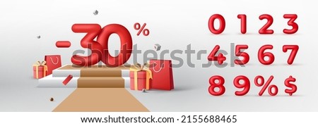 3D Red Discount numbers on podium with shopping bag and gift box vector. Price off tag design collection. 0, 1, 2, 3, 4, 5, 6, 7, 8, 9, percent and dollar illustration.