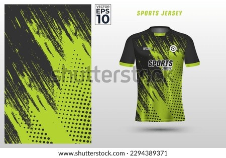 Green black t-shirt sport design template with abstract grunge and halftone pattern for soccer jersey. Sport uniform in front view. Shirt mock up for sport club. Vector Illustration	