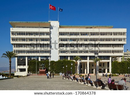 IZMIR, TURKEY - November 17: Izmir metropolitan municipality, Konak in November 17, 2013 in Izmir, Turkey. Izmir Metropolitan Municipality of Konak Square is located in the building.