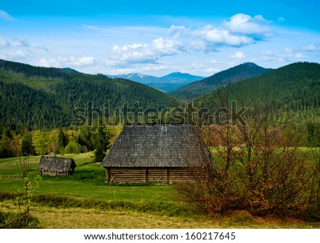 Landscape with village, mountains and blue sky. Carpathians, Ukraine.