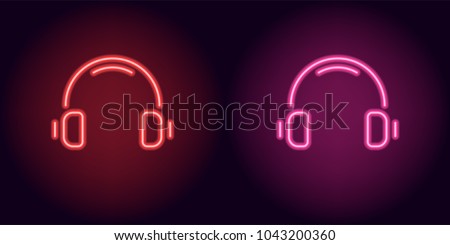 Red and pink neon headphones. Vector illustration of neon music headphone consisting of outlines, with backlight on the dark background