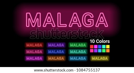 Neon name of Malaga city. Vector illustration of Malaga inscription consisting of neon outlines, with backlight on the dark background. Set of different colors