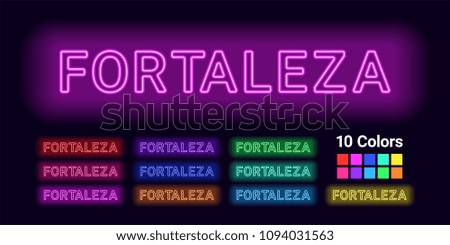 Neon name of Fortaleza city. Vector illustration of Fortaleza inscription consisting of neon outlines, with backlight on the dark background. Set of different colors