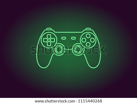Neon icon of Green Joystick. Vector illustration of Wireless Gamepad consisting of neon outlines. Neon Gaming Joystick with backlight on the dark background