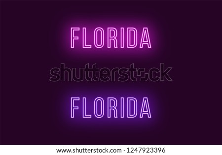 Neon name of Florida state in USA. Vector text of Florida, Neon inscription with backlight in Thin style, purple and violet colors. Isolated glowing title for decoration. Without overlay mode