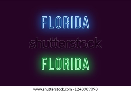 Neon name of Florida state in USA. Vector text of Florida, Neon inscription with backlight in Thin style, blue and green colors. Isolated glowing title for decoration. Without overlay mode