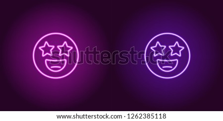 Neon illustration of star struck emoji. Vector icon of cartoon smiling emoji with star eyes in outline neon style, purple and violet colors. Glowing emoticon with backlight