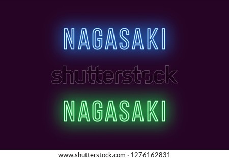 Neon name of Nagasaki city in Japan. Vector text of Nagasaki, Neon inscription with backlight in Thin style, blue and green colors. Isolated glowing title for decoration. Without overlay mode