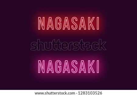 Neon name of Nagasaki city in Japan. Vector text of Nagasaki, Neon inscription with backlight in Thin style, red and pink colors. Isolated glowing title for decoration. Without overlay mode