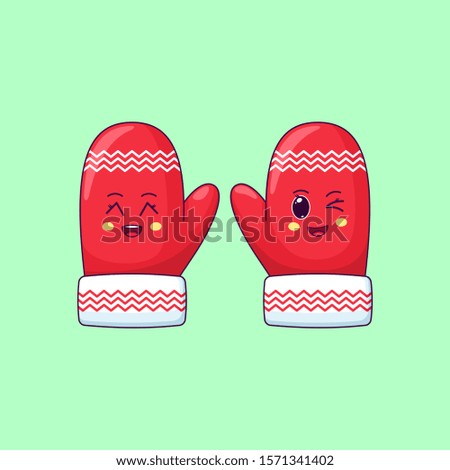 Cartoon kawaii Mittens with Grinning and Winking face. Cute red Mittens with pattern for Christmas celebration, Childish Character with Cheerful emotion. Vector illustration