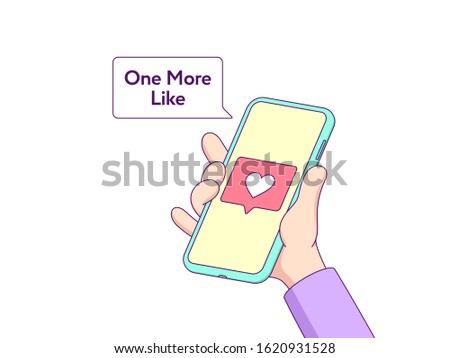 Cartoon hand keeps touchscreen phone and shows on the display heart, new Like notification from social media network. One More Like, tooltip. Vector minimalistic illustration