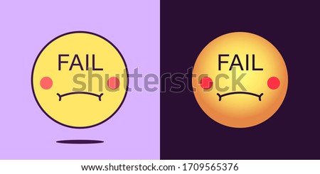 Emoji face icon with phrase Fail. Sad emoticon with text Fail. Set of cartoon faces, emotion icon for social media communication, fiasco sticker and sign for print. Vector illustration