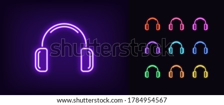 Neon headphones icon. Glowing neon earphone sign, set of isolated wireless headphones in different vivid colors. Bright icon, sign, symbol for UI design. Mobile device and gadget. Vector illustration