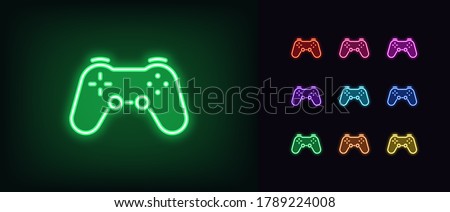 Neon game controller icon. Neon joystick sign, set of wireless gamepad for game console in vivid color. Videogame device, cybersport gadget. Glowing icon, sign, symbol, UI element. Vector illustration