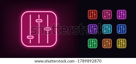 Neon settings panel icon. Glowing neon customization sign, set of isolated control panel in vivid colors. Tuning switches, adjustment toggles. Icon, sign, symbol for UI design. Vector illustration