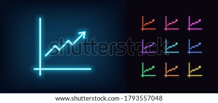 Neon upward chart icon. Glowing neon growth chart sign, up arrow in vivid colors. Financial forecast, enhance results, growing trend. Bright icon set, sign, symbol for UI design. Vector illustration