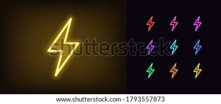 Neon lightning flash icon. Glowing neon thunder bolt sign, electrical discharge in vivid colors. Bright thunderbolt, electric storm, high voltage. Icon set, sign, symbol for UI. Vector illustration