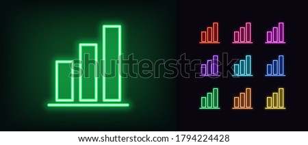 Neon upward graph icon. Glowing neon growth diagram sign, up bar chart in vivid colors. Financial forecast, enhance results, growing trend. Bright icon set, sign, symbol for UI. Vector illustration