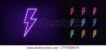 Neon lightning bolt icon. Glowing neon thunder flash sign, electrical discharge in vivid colors. Bright thunderbolt, electric storm, high voltage. Icon set, sign, symbol for UI. Vector illustration
